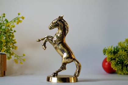 Brass Horse with Uplifted Legs Standing Horse Sculpture (Color - Golden, Size - 8.5H*5.5L*3.75B) by Snova Enterprises
