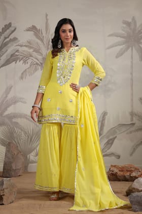 Radiant Glow Beautifully Embroidered Yellow Sharara-YELLOW / S