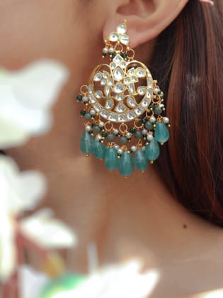 Shahd Kundan Green Chandbali Earrings-Green
