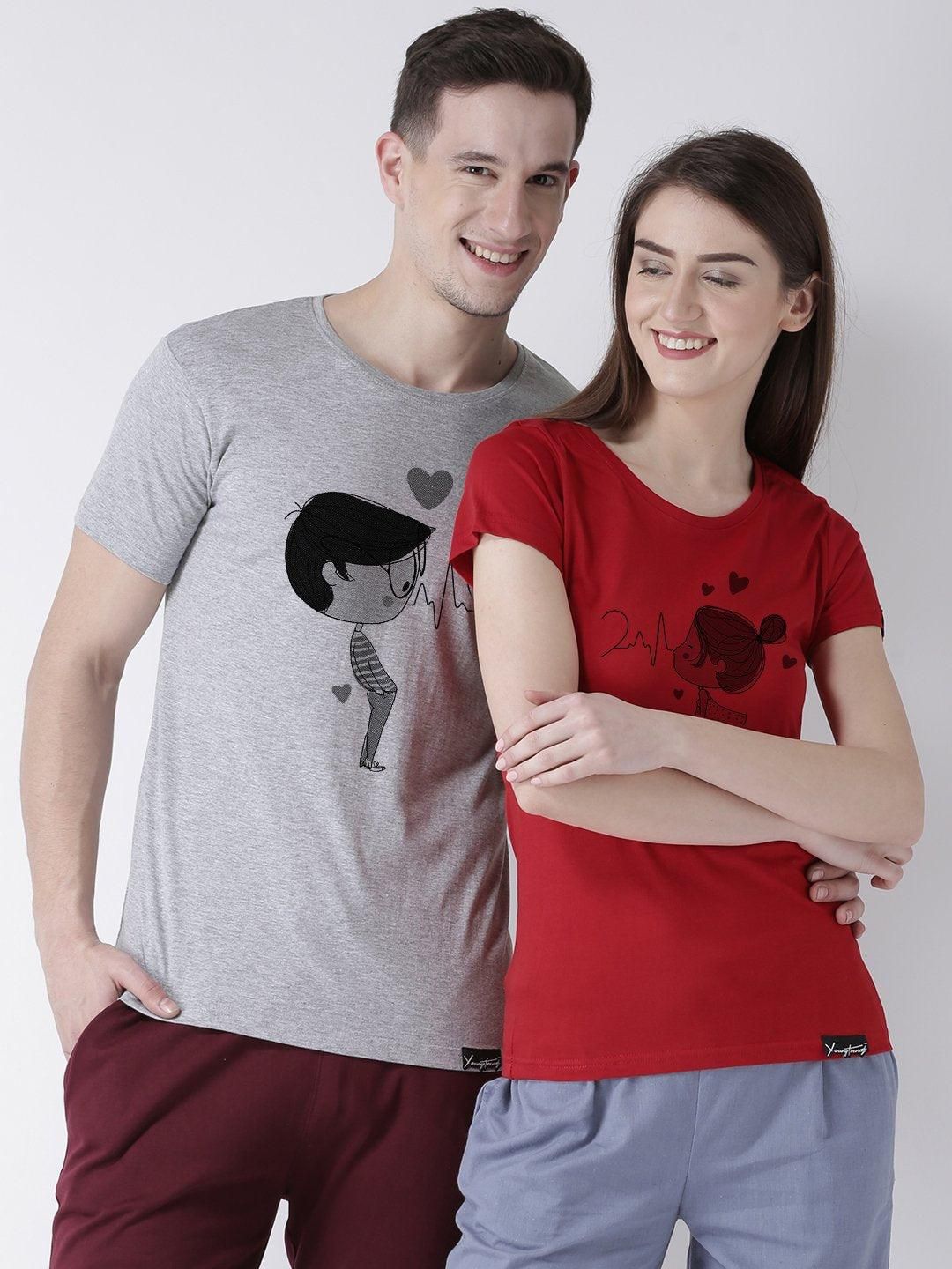 Pulse Printed Grey(Men) Red(Women) Color Printed Couple Tshirts-Men-S / Women-S
