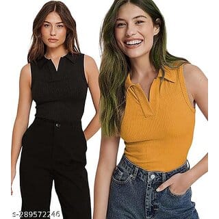 Trendy Women Sleeveless Black  Mustard Collar Tops  Tunics