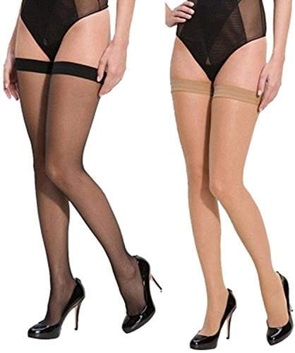 Nawani Women's 2 Pair Thigh-Highs Long Exotic Stockings Tights Black and Skin (2 Pair)