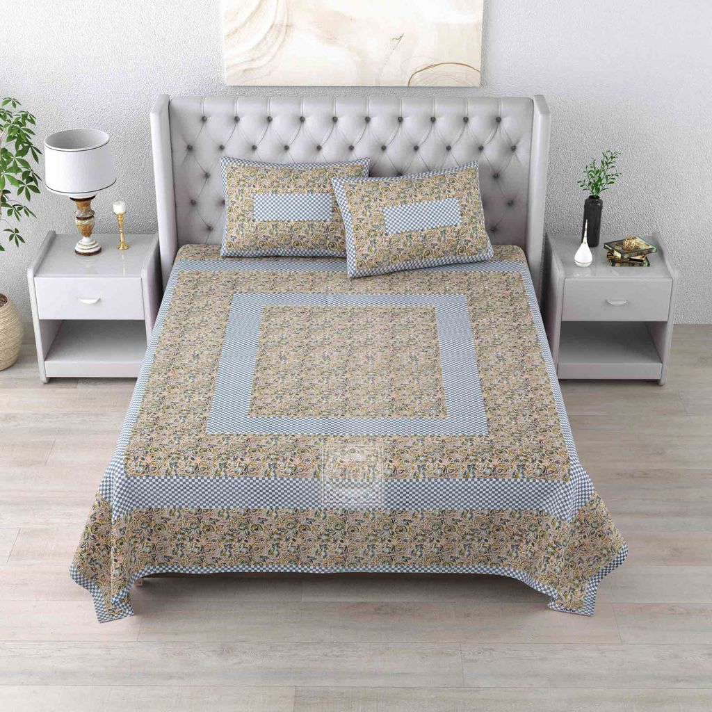 Luxury Finish Jaipuri Sanganeri Pure Cotton Bedsheet with Matching Cove