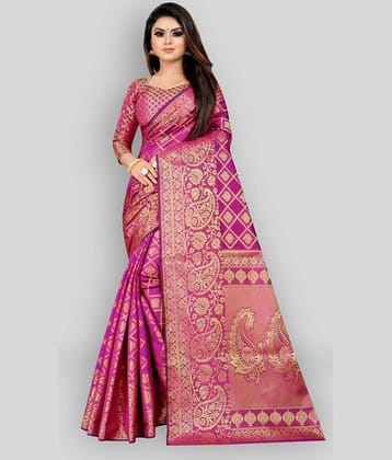 Gazal Fashions Banarasi Silk Embroidered Saree With Unstitched Blouse Piece ( Multicolor )