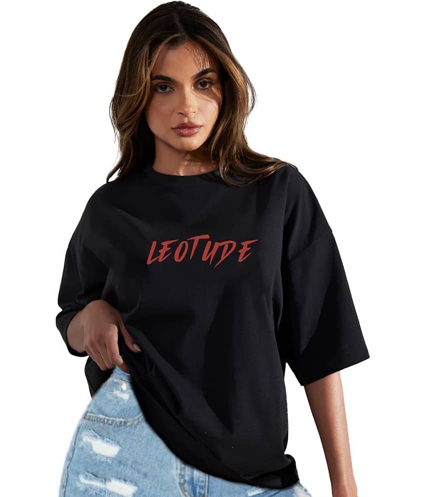 Leotude Women Cotton Blend Printed Oversized Fit Round Neck T-Shirt ( Black )
