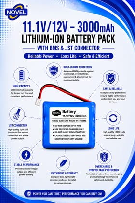 NOVEL 11.1V - 12V 18650 BMS LITHIUM ION BATTERY PACK WITH JST PIN- 3000mAh