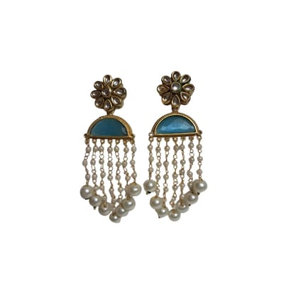 Anvaya Collections Designer Pearl Drop Earrings, Gold-Plated, Turquoise Semi-Circle with Crystal Flower Studs, Traditional Indian