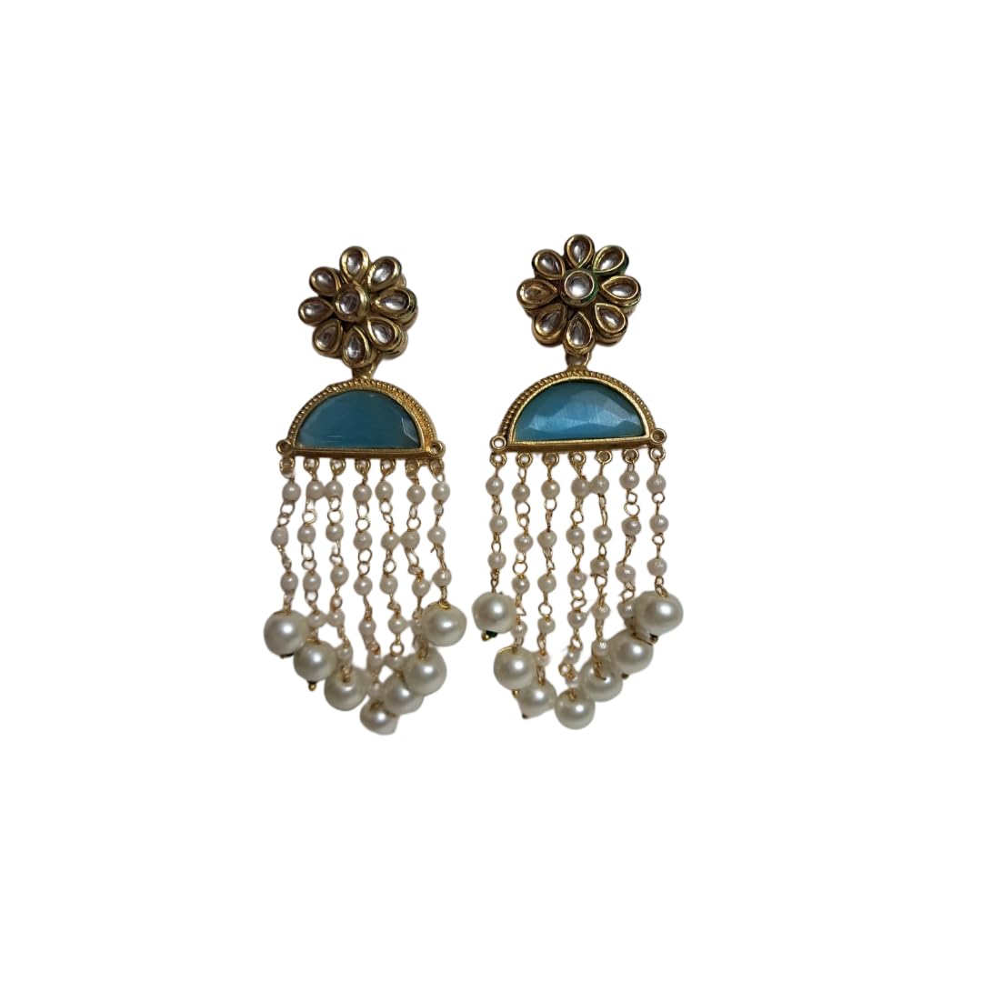 Anvaya Collections Designer Pearl Drop Earrings, Gold-Plated, Turquoise Semi-Circle with Crystal Flower Studs, Traditional Indian