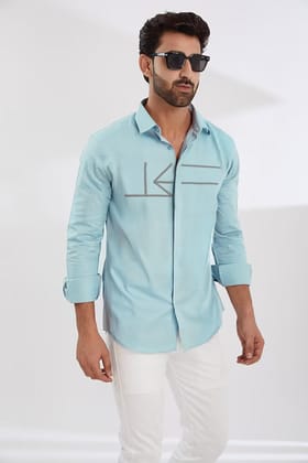Blue Geometric Embroidered Casual Shirt-POWDERBLUE / S
