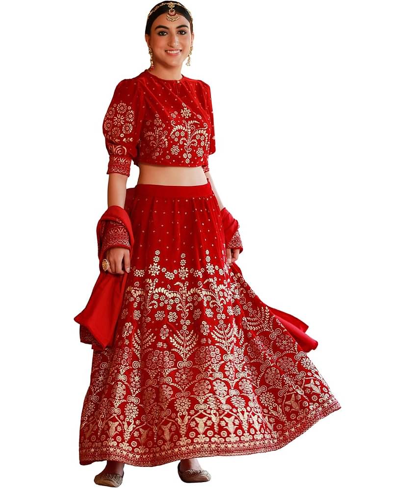 Juniper Maroon Velvet Circular Stitched Lehenga