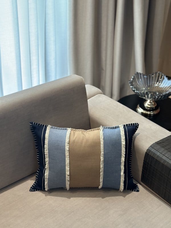 KRI India The Minimalist Denim Fringed Cushion Cover | Light denim, navy blue and brown panelling  | 12x18 inches  | Wash & Care | 100% Cotton | Handcrafted in India. 100% organic & natural.