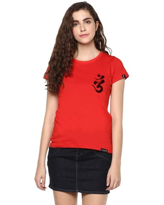 Womens Half Sleeve Ommtrishul Printed Red Color Tshirts-Red / Medium / 100% Bio Wash Cotton