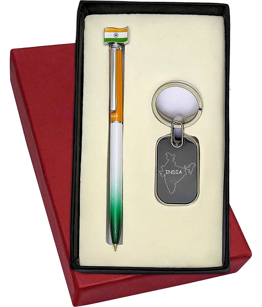UJJi Tiranga Pen with Flag & Keyring Set India Map Engraved Metal Keychain