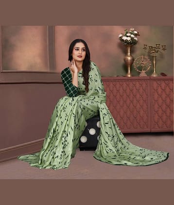 JIHANA FAB Georgette Printed Saree With Unstitched Blouse Piece ( Green )