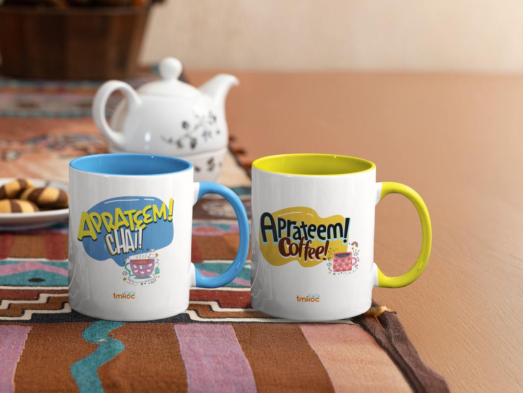 Taarak Mehta Ka Ooltah Chashmah Printed Ceramic Coffee Mug - 325ML, Pack of 2 | White with Yellow & Blue Inner & Handle
