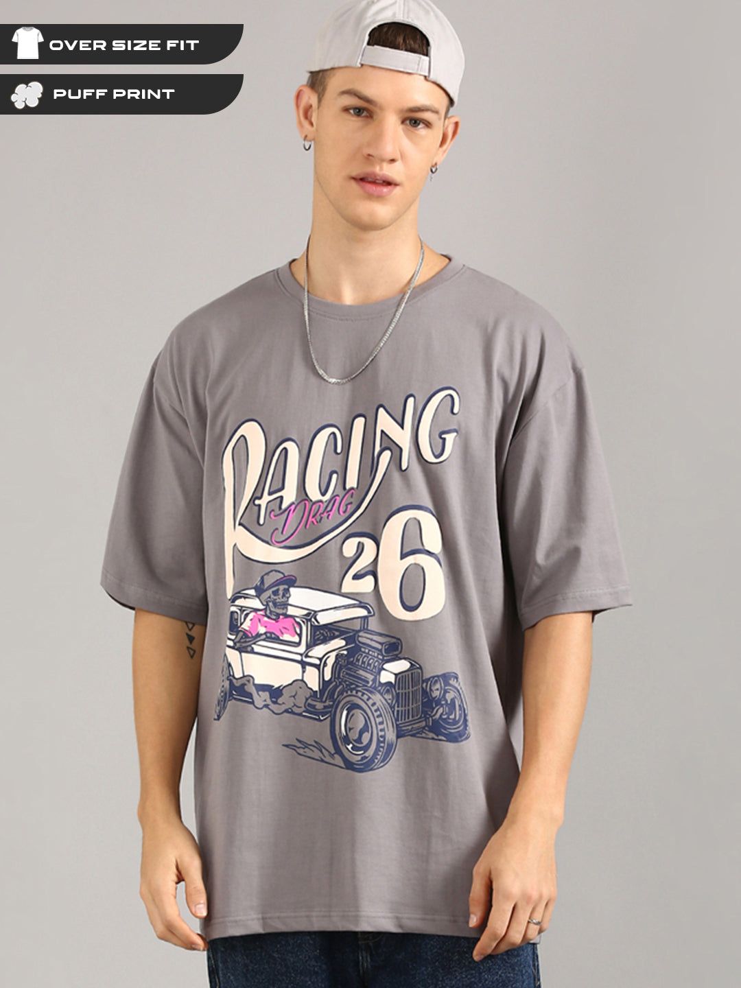 Charcoal Oversized Puffy Printed T-shirt-S