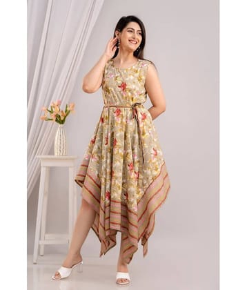 Frionkandy Women Cotton Printed Asymmetric Dress ( Brown )