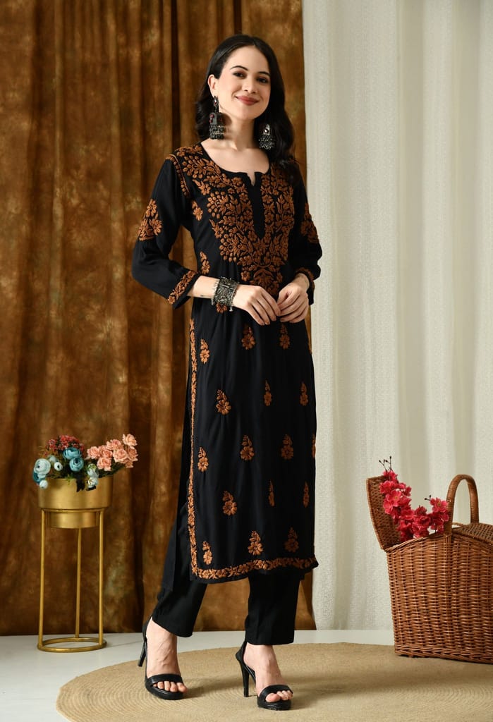 Black Kurta with Intricate Chikankari Work - Brown