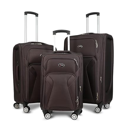 AMERICAN TRAVELLER Touris Bite 3-Piece Softside Trolley Luggage Set, 360 Spinner Wheels, Telescopic Handle, Front Pockets, Twill Fabric, Black, Navy Blue, Brown (3, Dark Brown, S,M,L)
