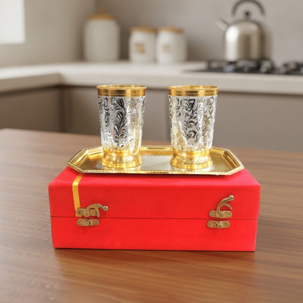 Brass 2 Glass Set with Tray | Brass Drinking Glass Gift Set | Brass Tumbler Set in Velvet Gift Box, Height : 0.25 Inch (BMAS178)