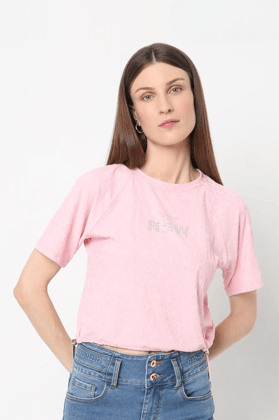 Women's Pink Round Neck Half Sleeve Fancy Crop Top-28819L-CP4 / Pink / L