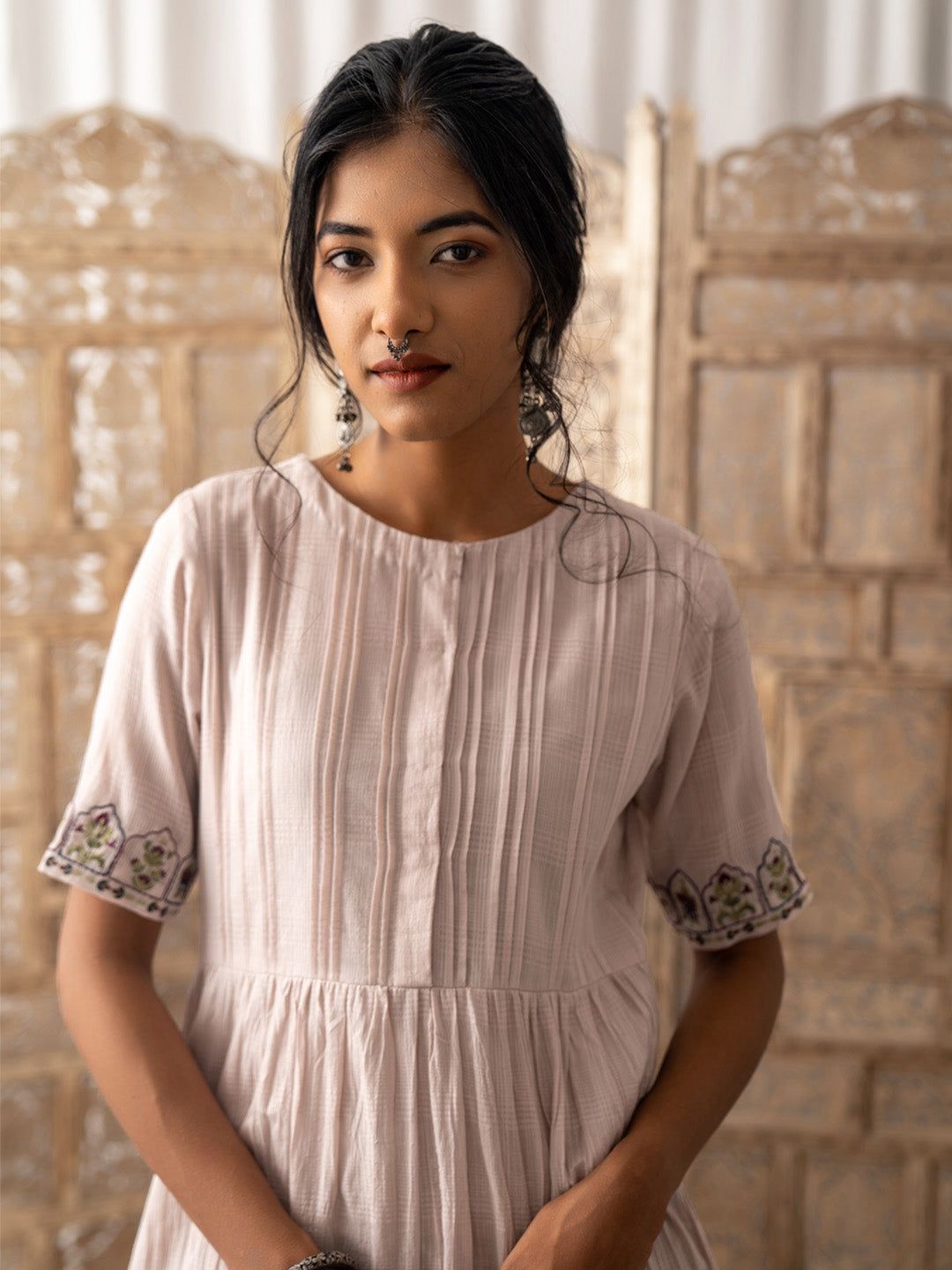 Resham Embroidered Side Pockets  Dress - Gardenia White-XS