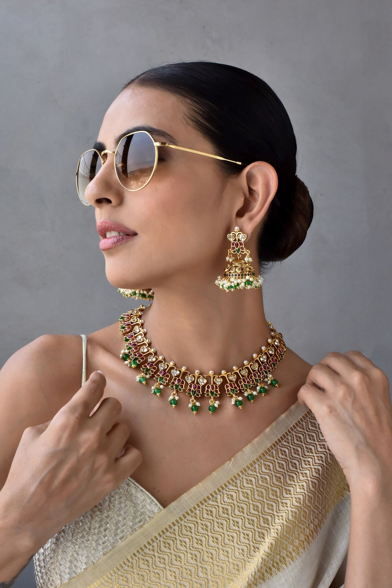 Mishti Multicolour Temple Necklace Set-Temple Work