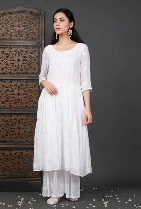 Set Of 2: Embroidered Kalidar White Kurta And Sharara-XXXL