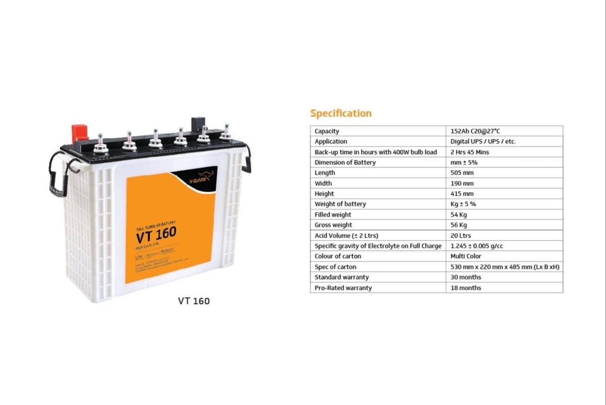V-Guard VT 160 Tall Tubular Inverter Battery (152Ah) | High Cyclic Life & Long Backup | Home UPS Power Backup