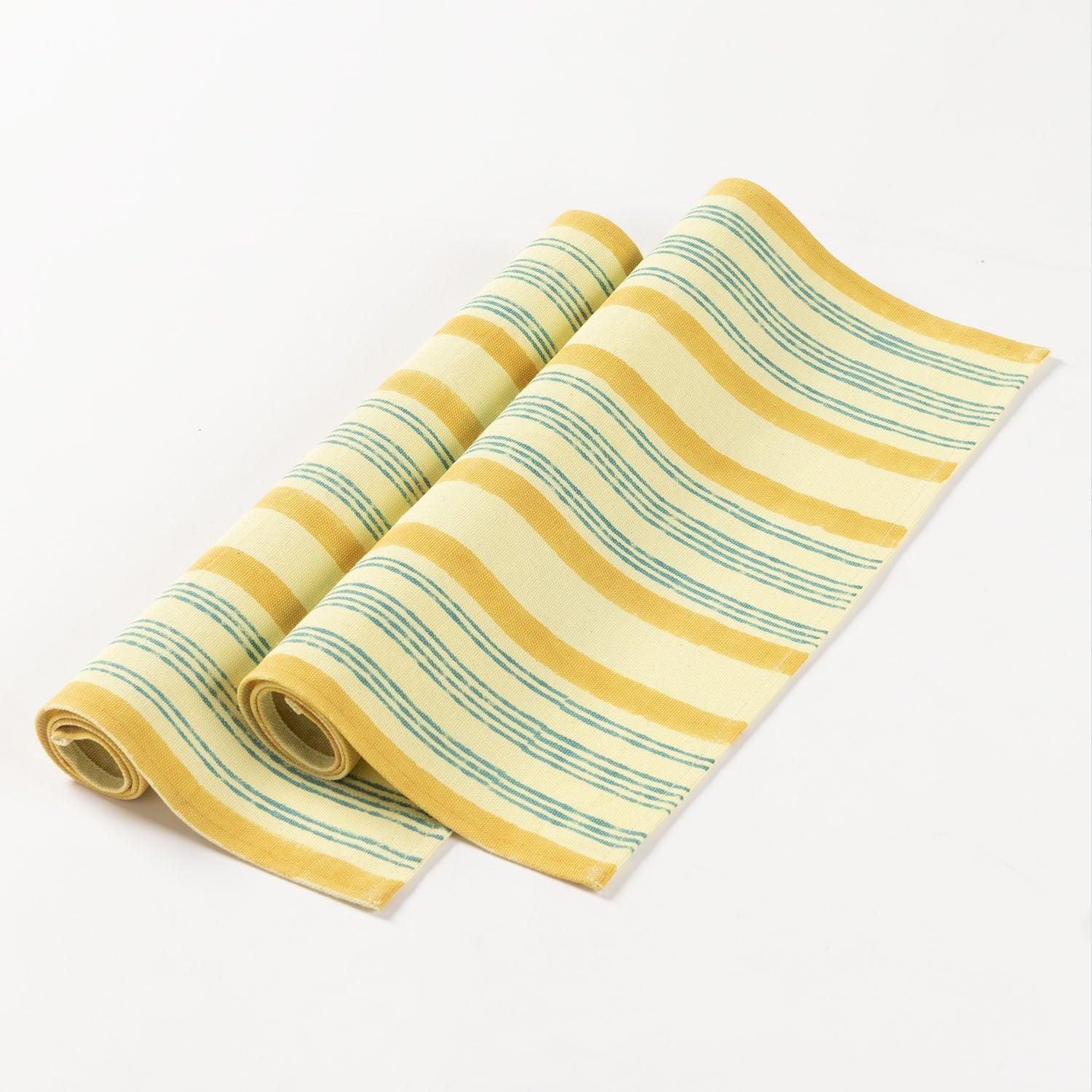 Eyaas Block-Printed Cotton Table Mats in Yellow and Blue Stripes  Set of 2 (13 x 18 Inches Each)