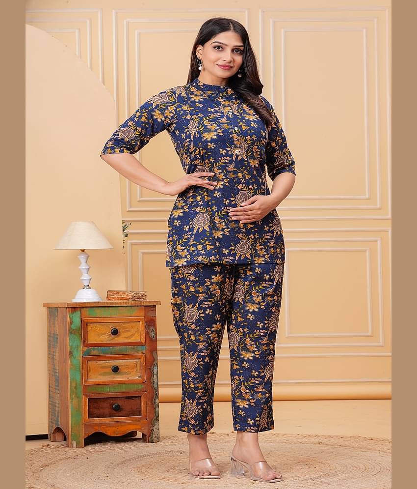 Nevisha Style Women Printed Tunic With Trousers Co-Ord Set ( Blue )