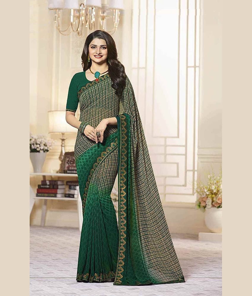 Gazal Fashions Chiffon Checks Saree With Unstitched Blouse Piece ( Green )