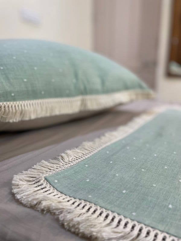 KRI India Melange Polka Green Cushion Covers 24x24" | Sage green & Off White  | Wash & Care | 100% Cotton | Handcrafted in India. 100% organic & natural.
