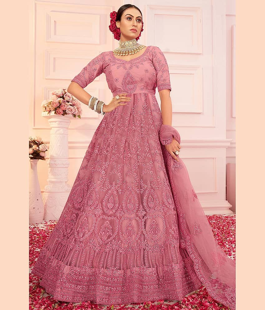 Aika Women Net Flared Semi Stitched Ethnic Gown ( Peach )