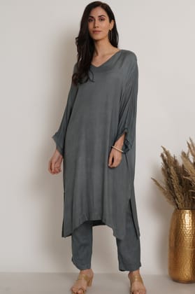 Grey Ruffle Plain Kaftan Set Of 2-S