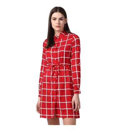 Women's Polyester Checkered Long Sleeves Above Knee Dress (Red, M)-PID55768 Women's Polyester Checkered Long Sleeves Above Knee Dress (Red, M)-PID55768