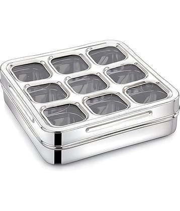 Dynore Square Spice Box Steel Silver Spice Container ( Set of 1 )