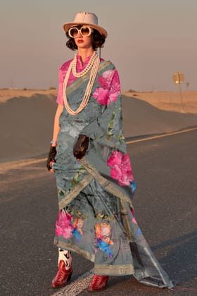 Grey Printed Tussar Silk Saree