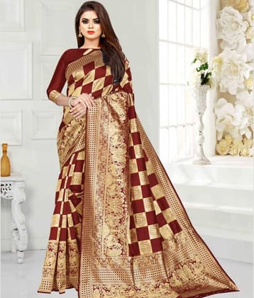 Gazal Fashions Banarasi Silk Printed Saree With Unstitched Blouse Piece ( Multicolor )