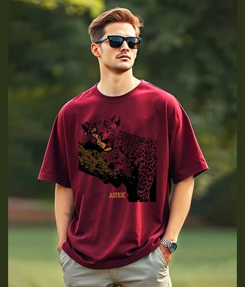 ENITOR Men Cotton Blend Oversized Fit Printed T-Shirt ( Maroon )