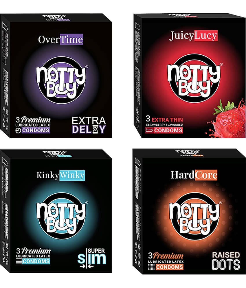 NottyBoy Mixed Combo Raised Dots, Overtime, Extra Thin and Strawberry Condoms - (Set of 4, 12 Pcs)