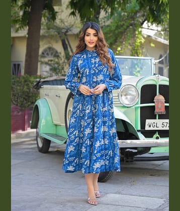 Divena Cotton Printed Midi Women's Fit & Flare Dress - Blue ( Pack of 1 )