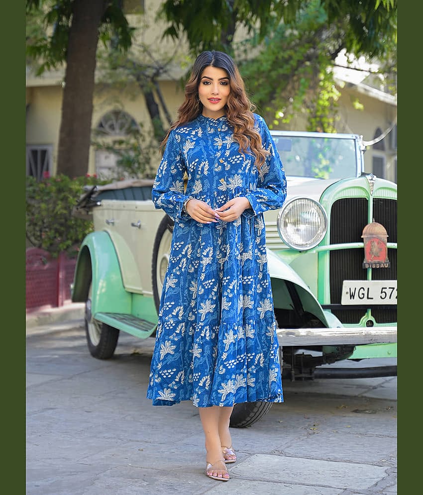 Divena Cotton Printed Midi Women's Fit & Flare Dress - Blue ( Pack of 1 )