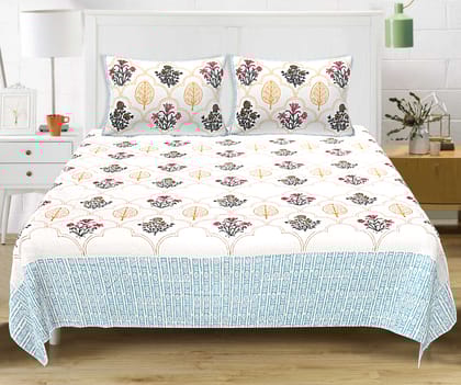 Floral Block Print King Size Bedsheet- Blue-King 100 x 104 inches