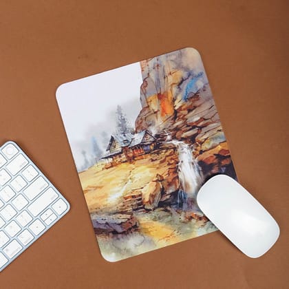 PP06MP  Waterfall besides a house at foot of rock mountain