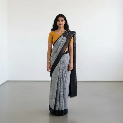 Pochampally Double Ikat Cotton Saree with Temple Border, Black Gray