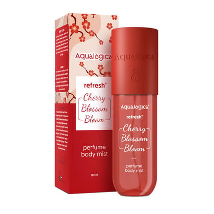 Aqualogica Refresh+ Cherry Blossom Bloom Perfume Body Mist with Zemea and Hyaluronic Acid - 150 ml | Sweet Floral & Fruity Notes of Pear & Jasmine | Long-Lasting Fragrance | Hydrating & Non-Irritating Aqualogica Refresh+ Cherry Blossom Bloom Perfume Body