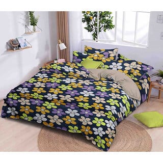 Black Bee  White  Yellow Flowers Print Double Bedsheet With 2 Pillow Covers (208 X 213 Cm)(Bs6-06)