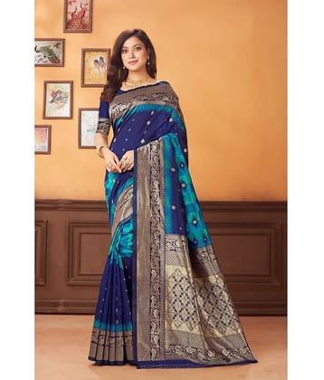 SARIK  FASHION Banarasi Silk Embroidered Saree With Unstitched Blouse Piece ( Blue )