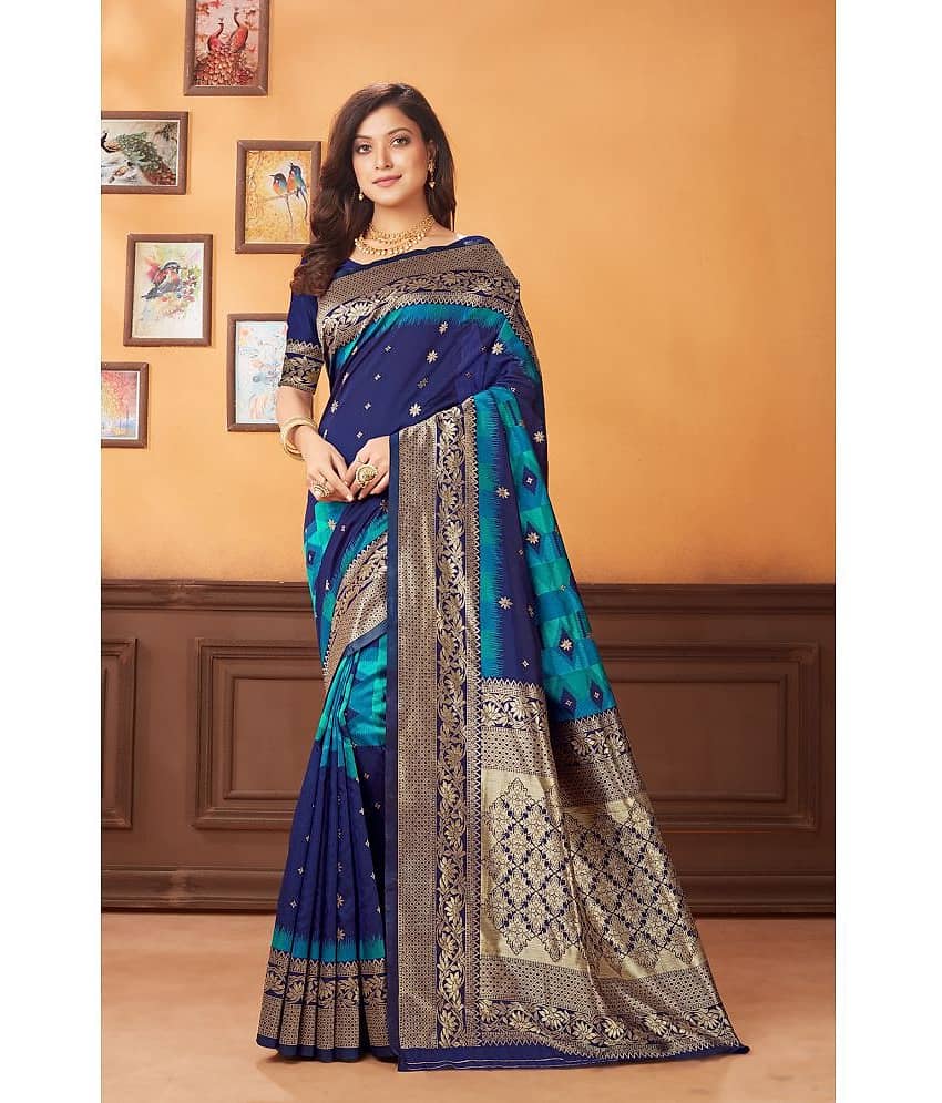 SARIK  FASHION Banarasi Silk Embroidered Saree With Unstitched Blouse Piece ( Blue )